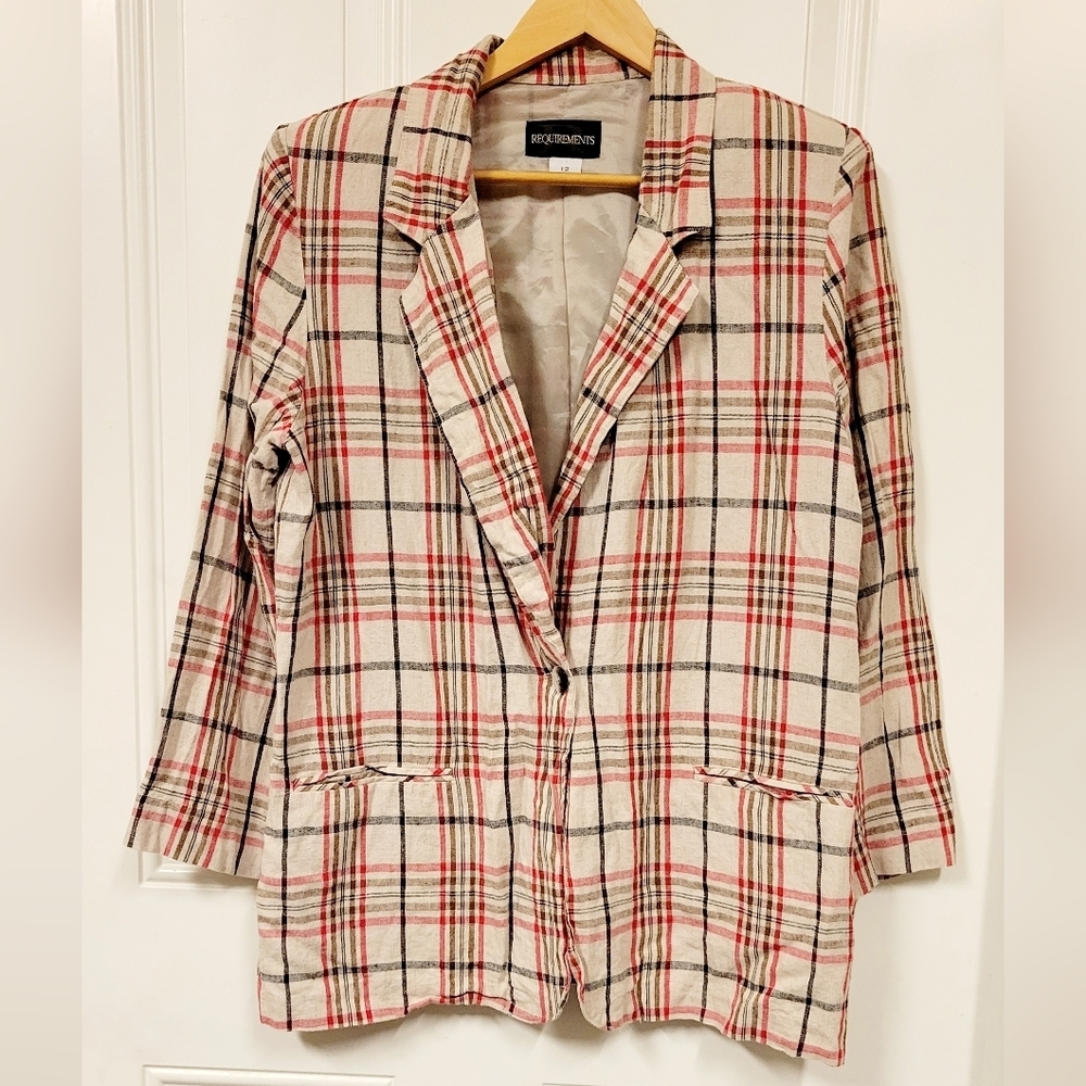 vintage requirements plaids blazer suit jackets neutral red Linen cotton size 12